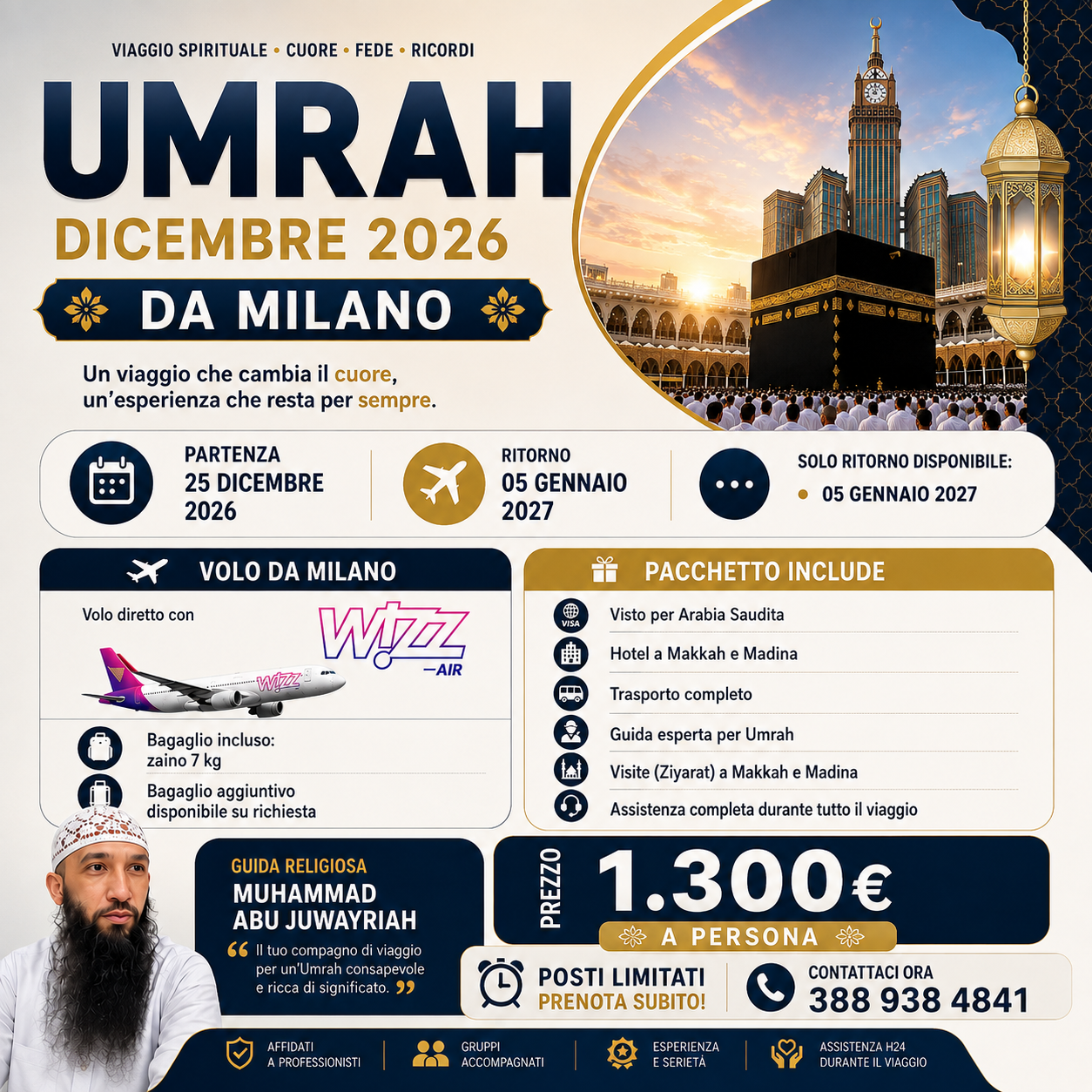 Locandina ufficiale Umrah dicembre 2026 da Milano, dal 25 dicembre 2026 al 5 gennaio 2027, prezzo 1.300 euro
